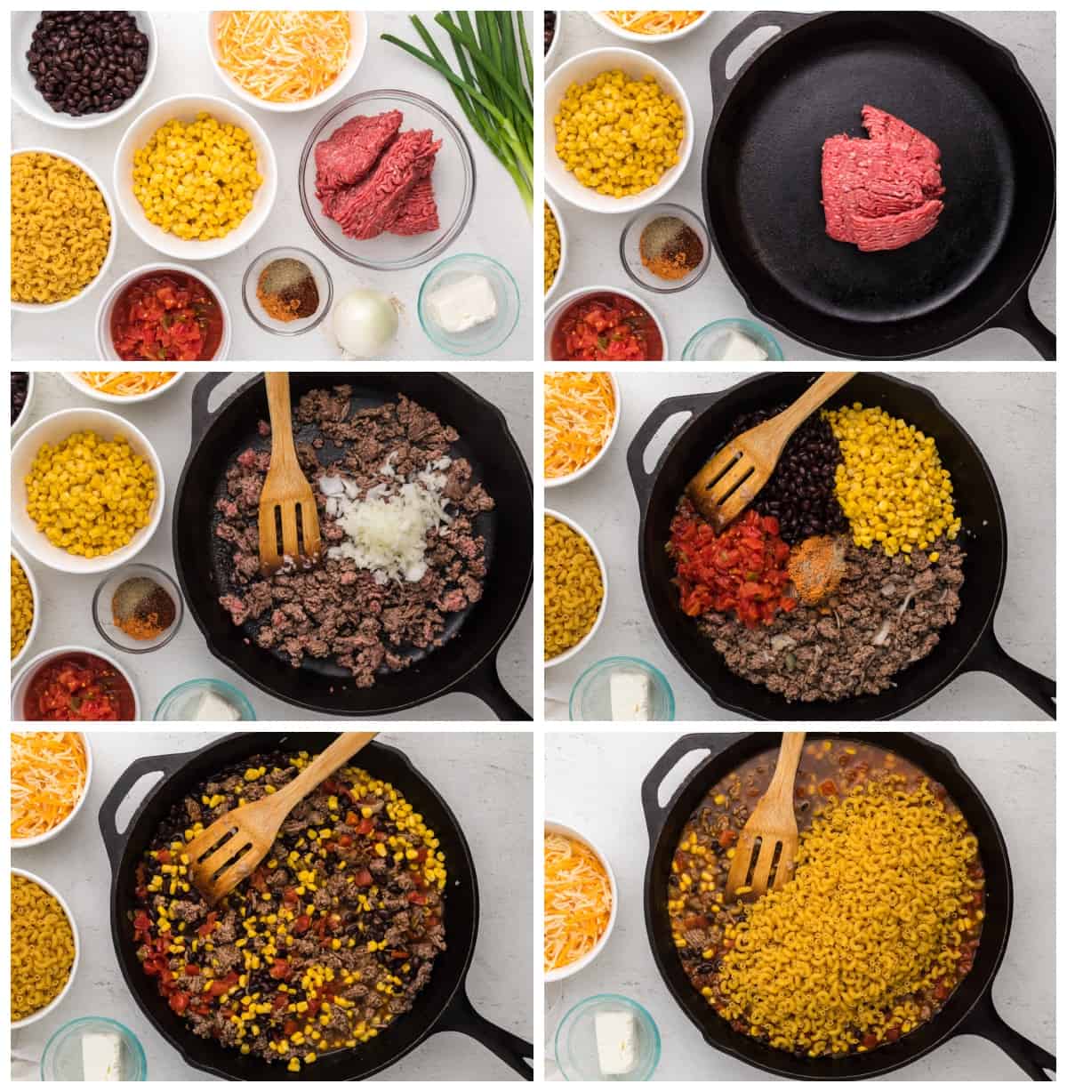 step by step photos for how to make taco mac and cheese.