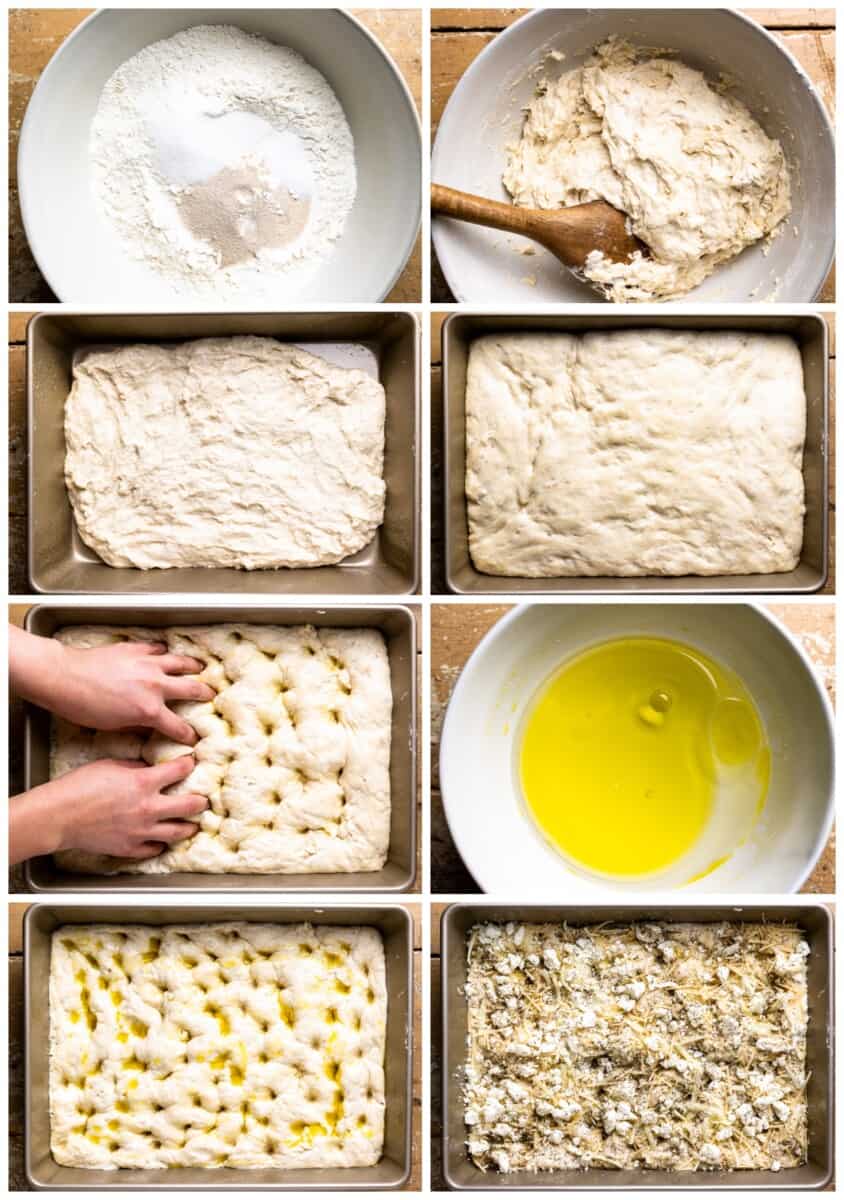 step by step photos for how to make no knead focaccia.