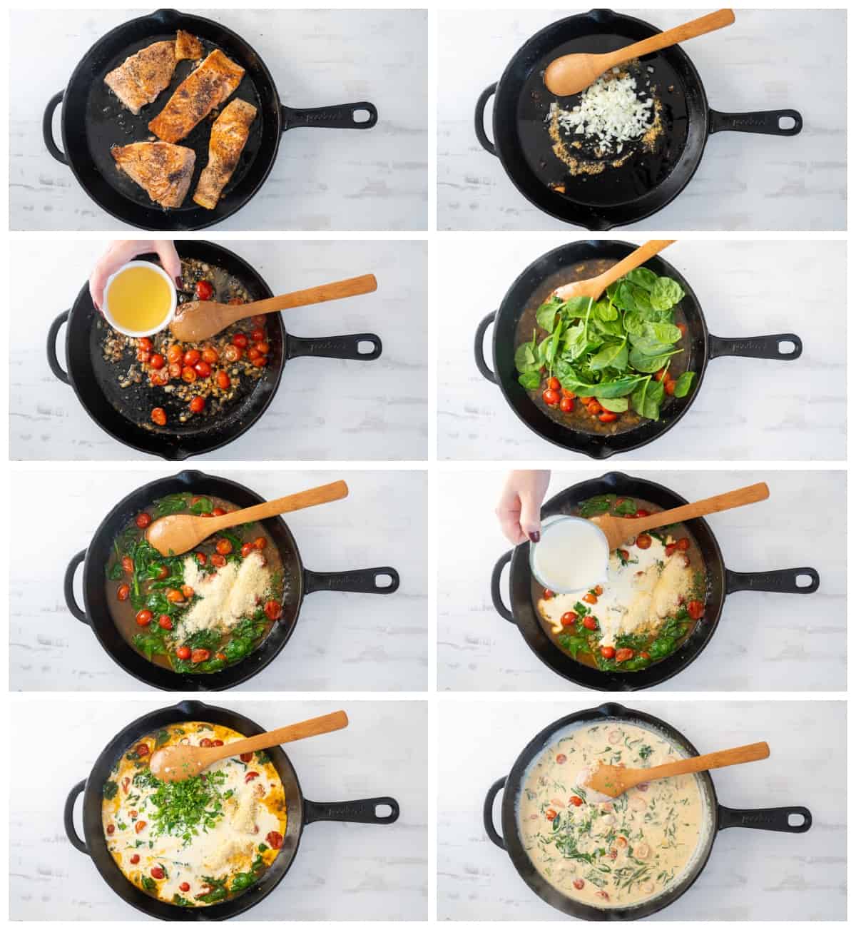 step by step photos for how to make tuscan salmon in a skillet