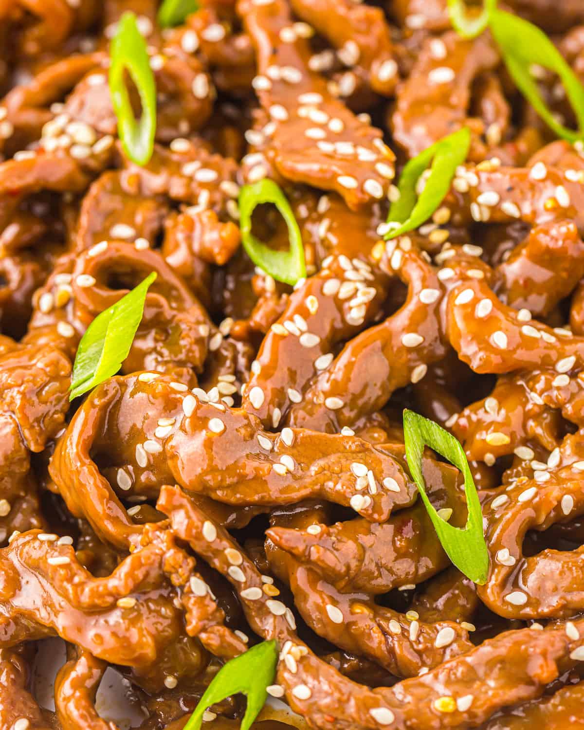 a close up on bulgogi beef garnished with green onions and sesame seeds.