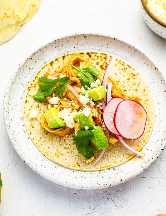 three-quarters view of a chicken tinga taco laid flat on a speckled white plate.