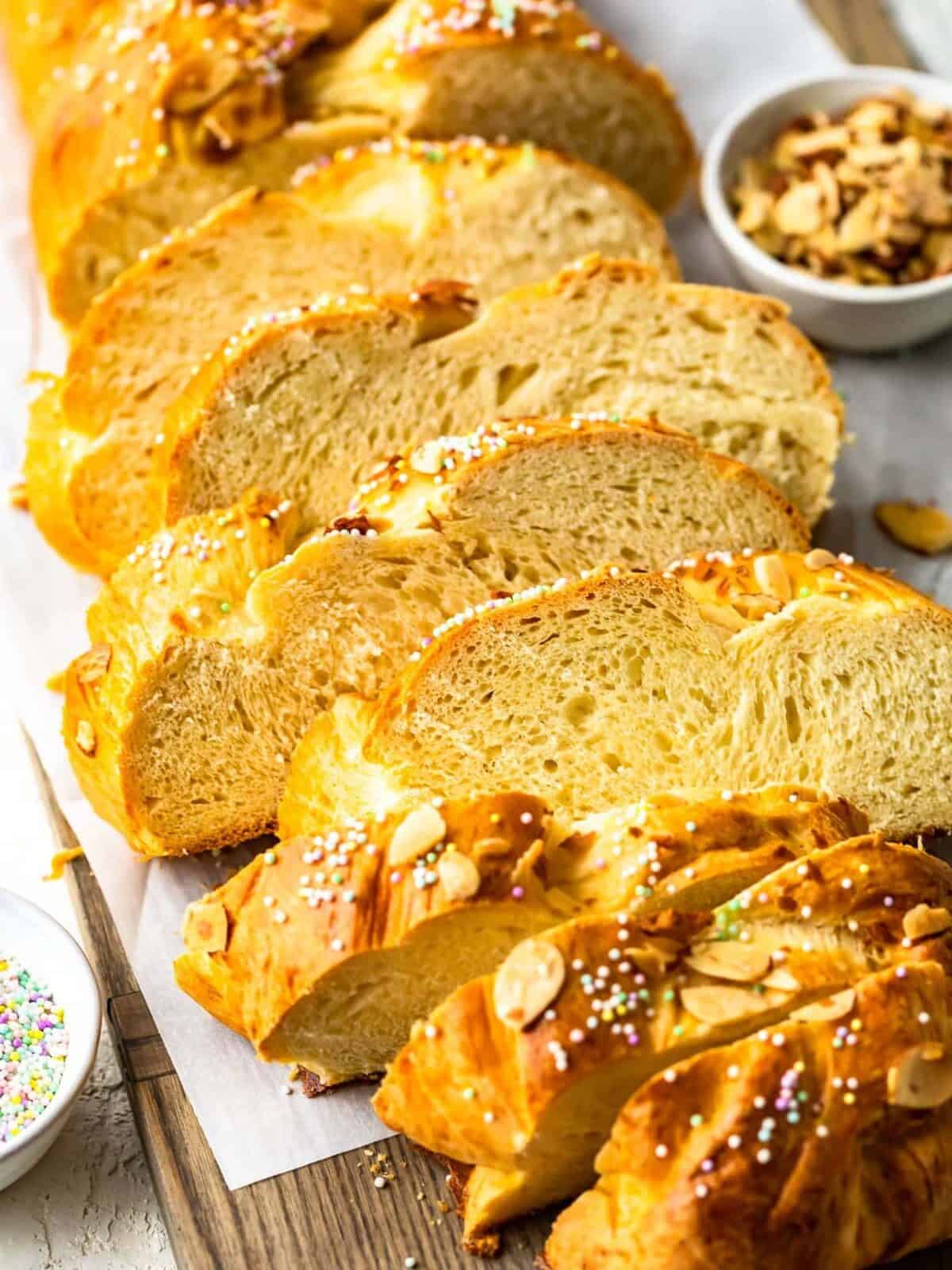 slices of sweet Easter bread on a cutting board