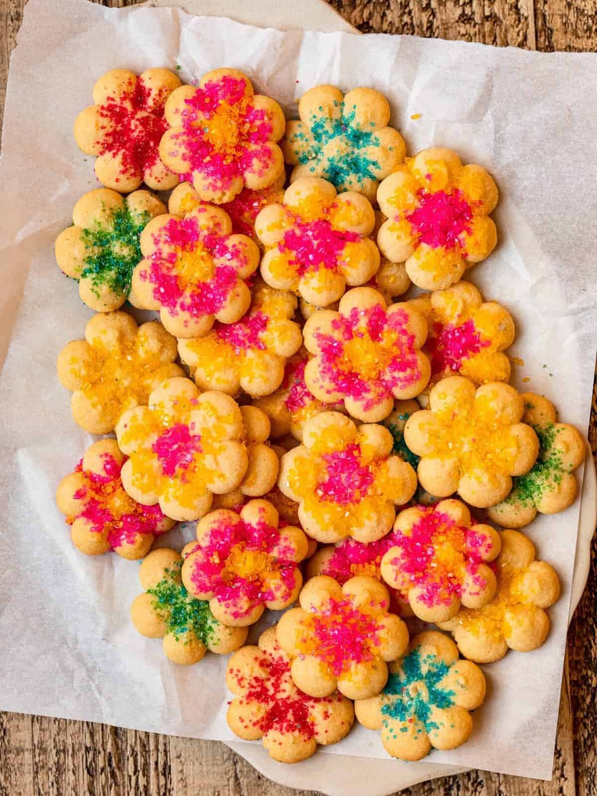 easter spritz cookies on parchment paper.