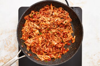 overhead view of chicken mixture in a skillet.