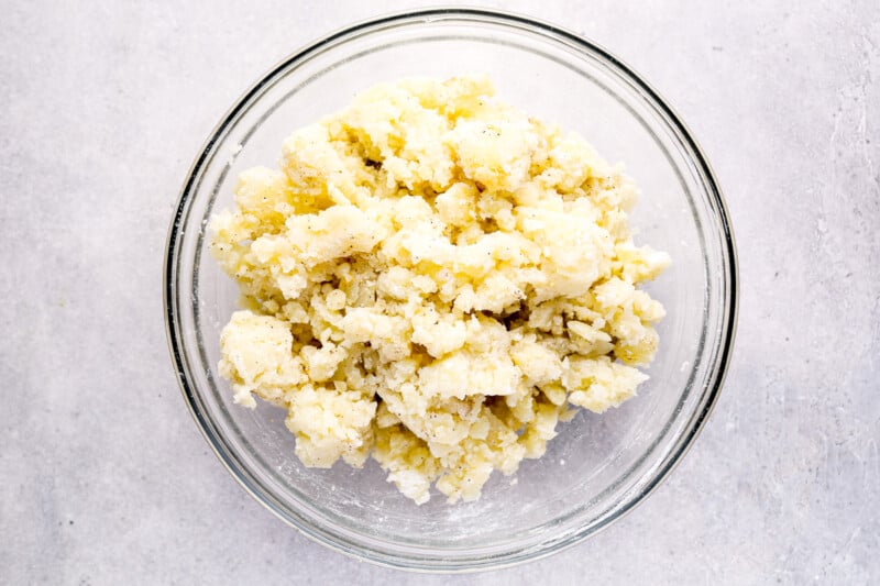 tater tot mixture in a glass bowl.