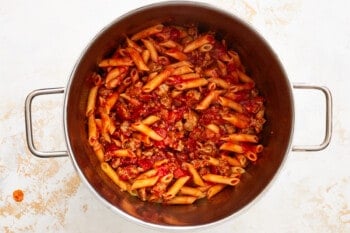 pasta and meat sauce in a pot