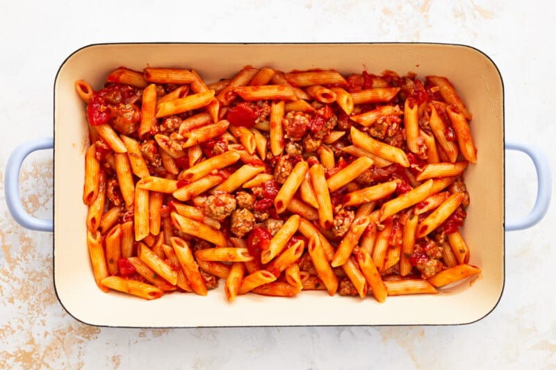 a layer of mostaccioli in a baking dish