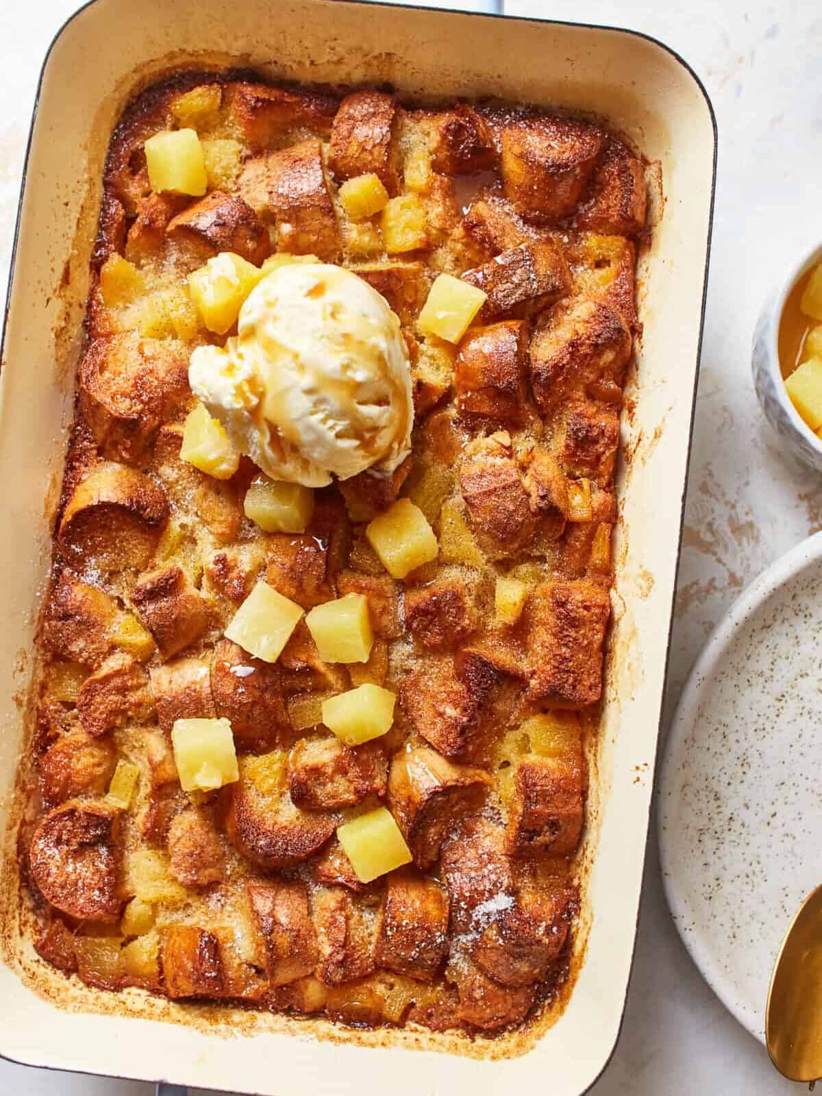 pineapple bread pudding in a casserole dish