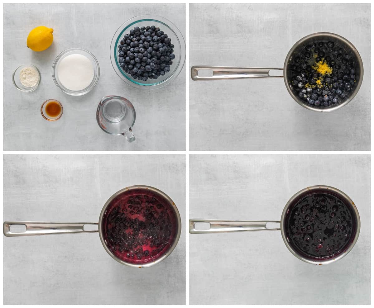 step by step photos for how to make blueberry compote in a saucepan.