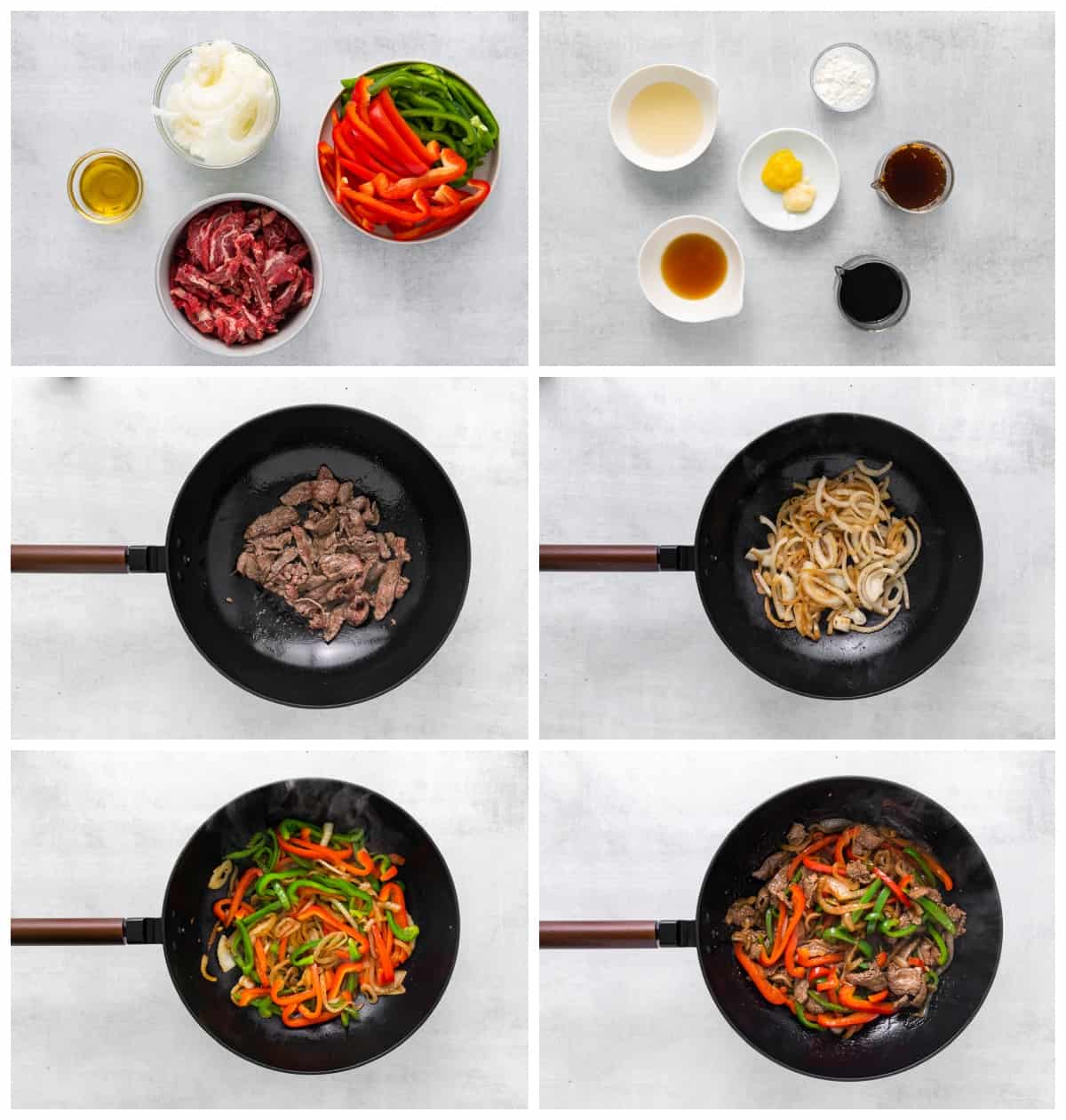 a series of photos showing how to make beef pepper steak.