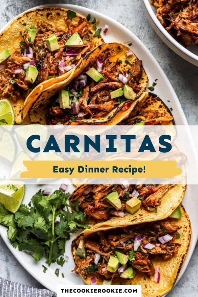 carnitas tacos on a white plate with the text carnitas easy dinner recipe.
