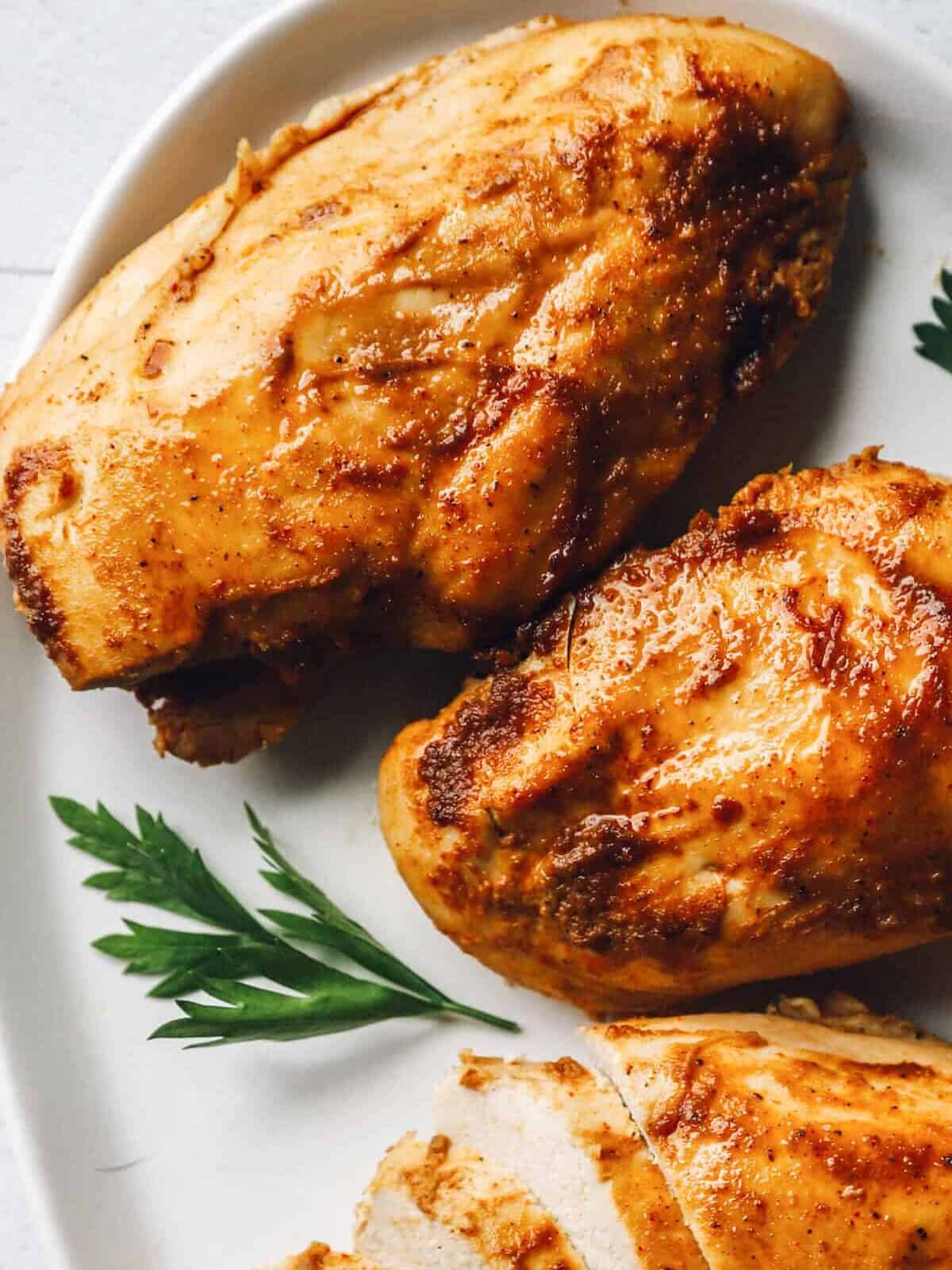 partial view of baked marinated chicken breasts on a white oval serving platter.