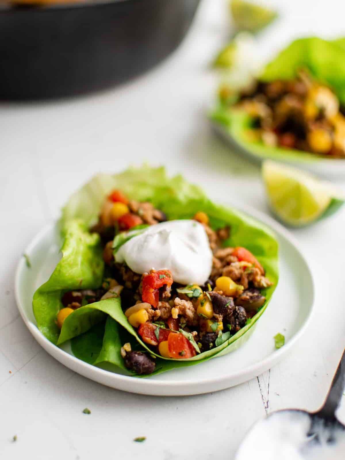 three-quarters view of taco turkey lettuce wraps on a white plate.