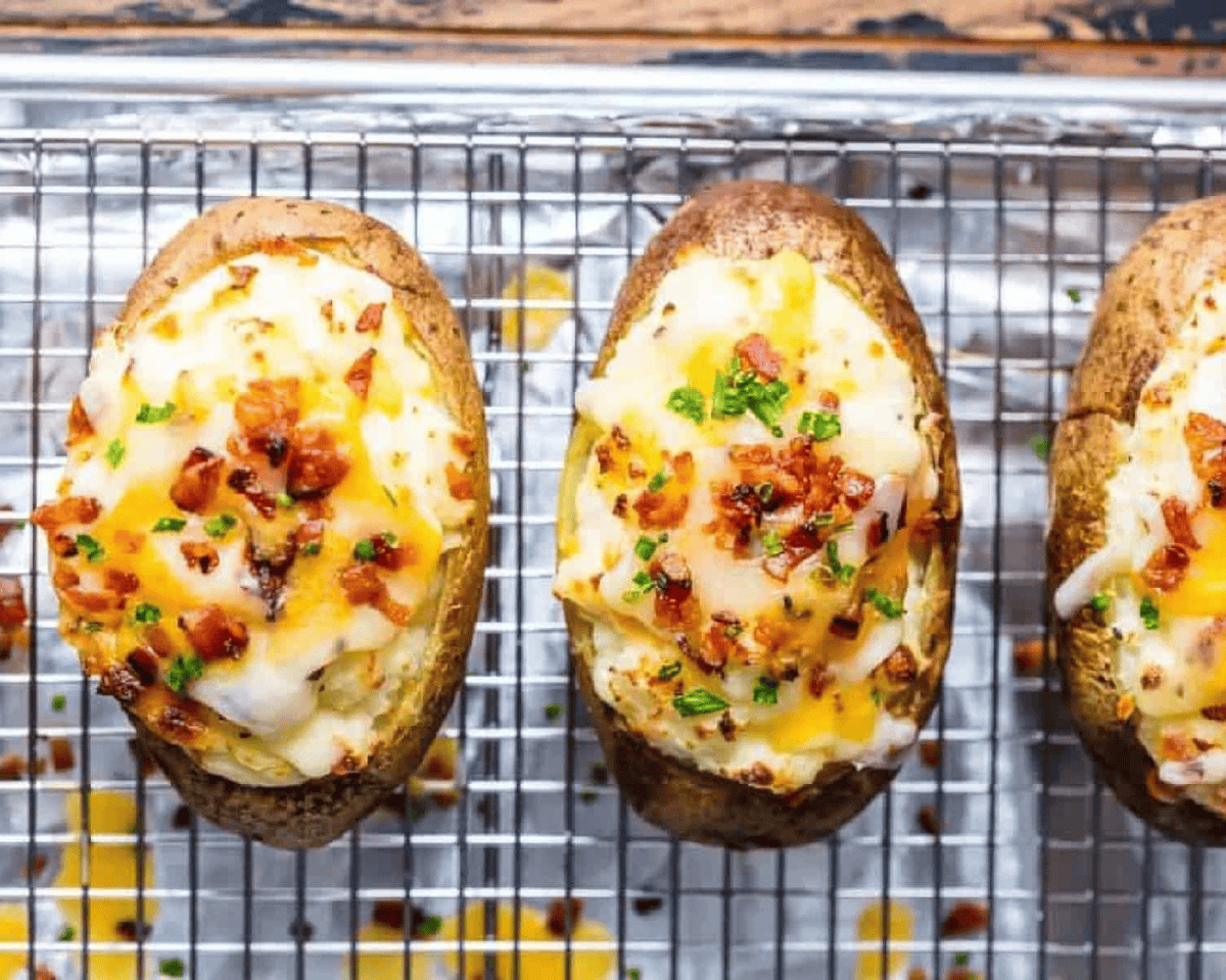 Twice baked potatoes on a wire rack, filled with creamy mashed potatoes and topped with melted cheese, crispy bacon, and fresh chives
