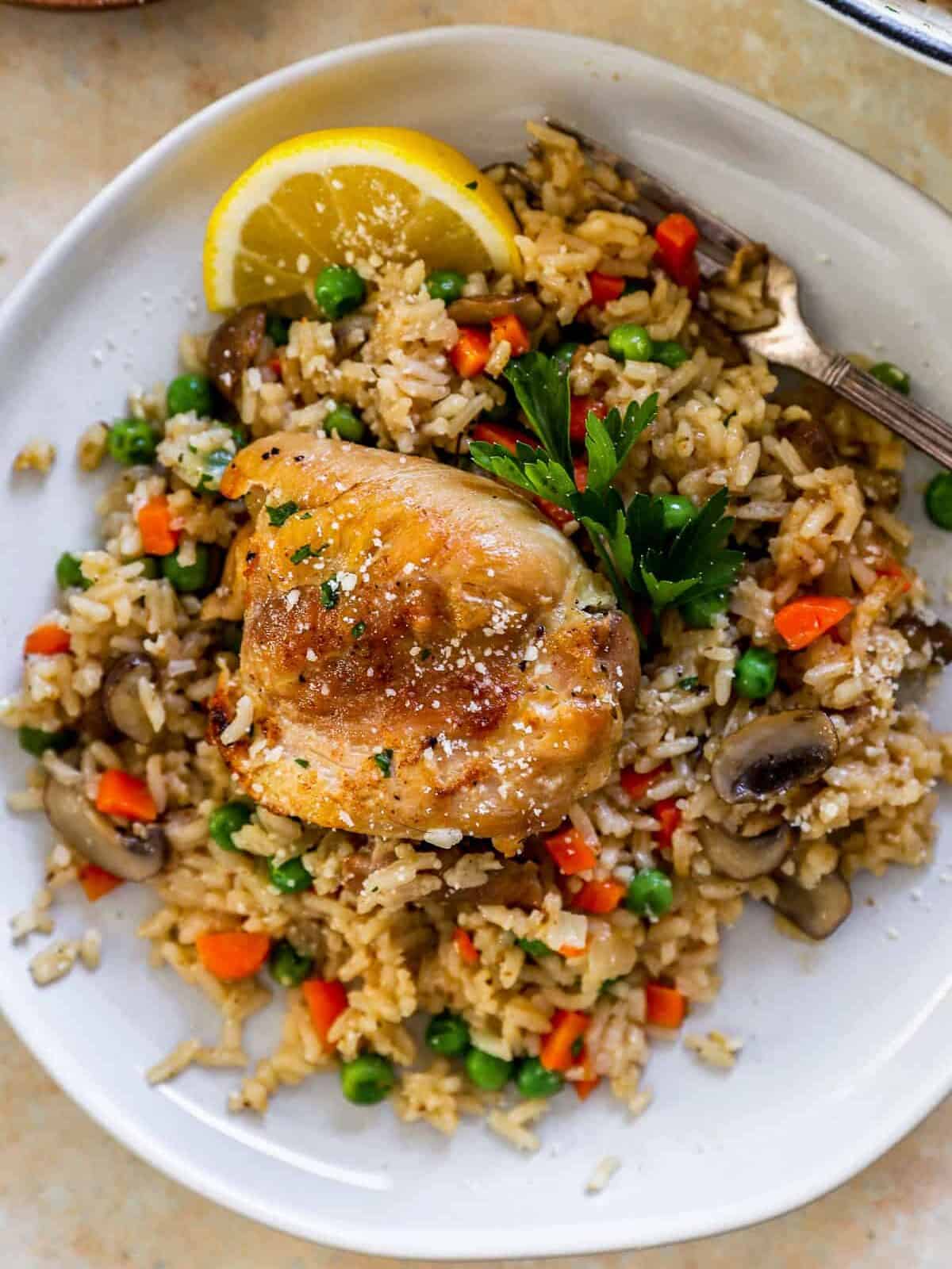 overhead view of chicken and rice on a white plate with a lemon slice.