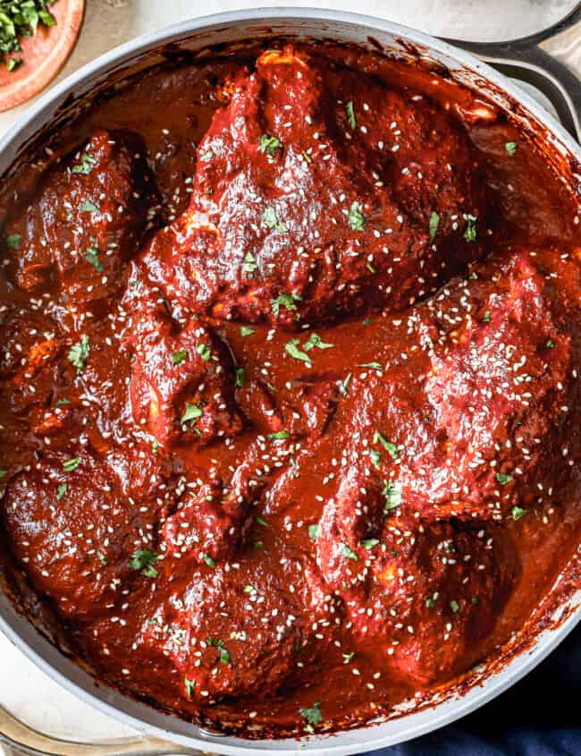 overhead view of chicken mole in a pot.