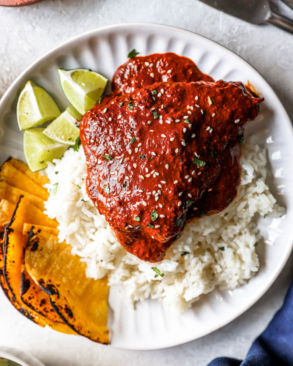 overhead view of a serving of chicken mole on a white plate with rice, tortillas, and lime wedges.