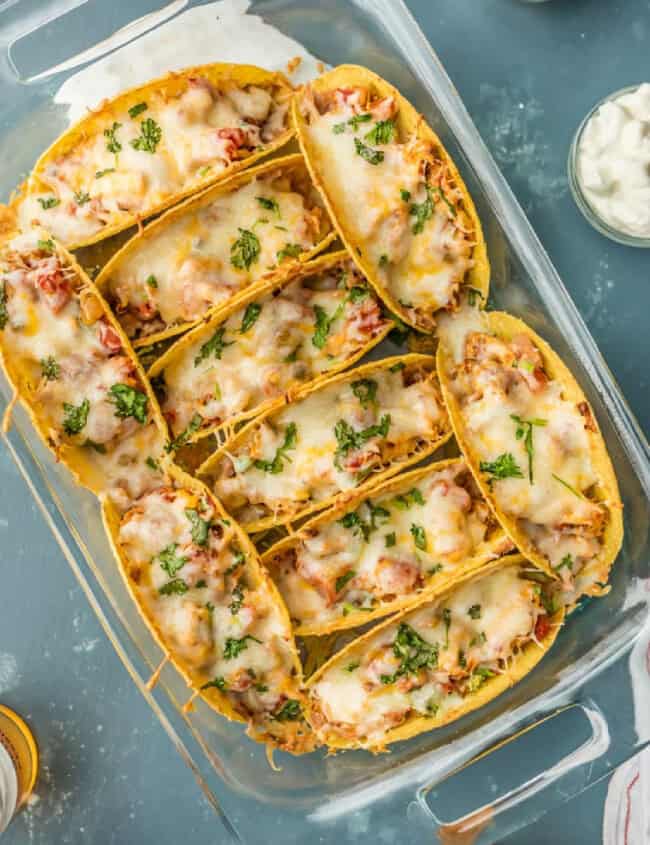 baked chicken tacos in baking dish