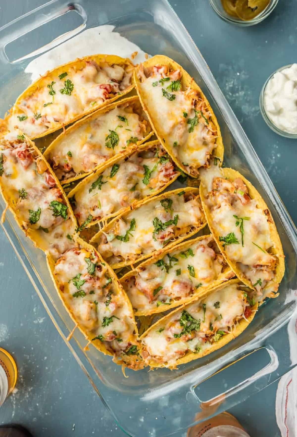 baked chicken tacos in baking dish