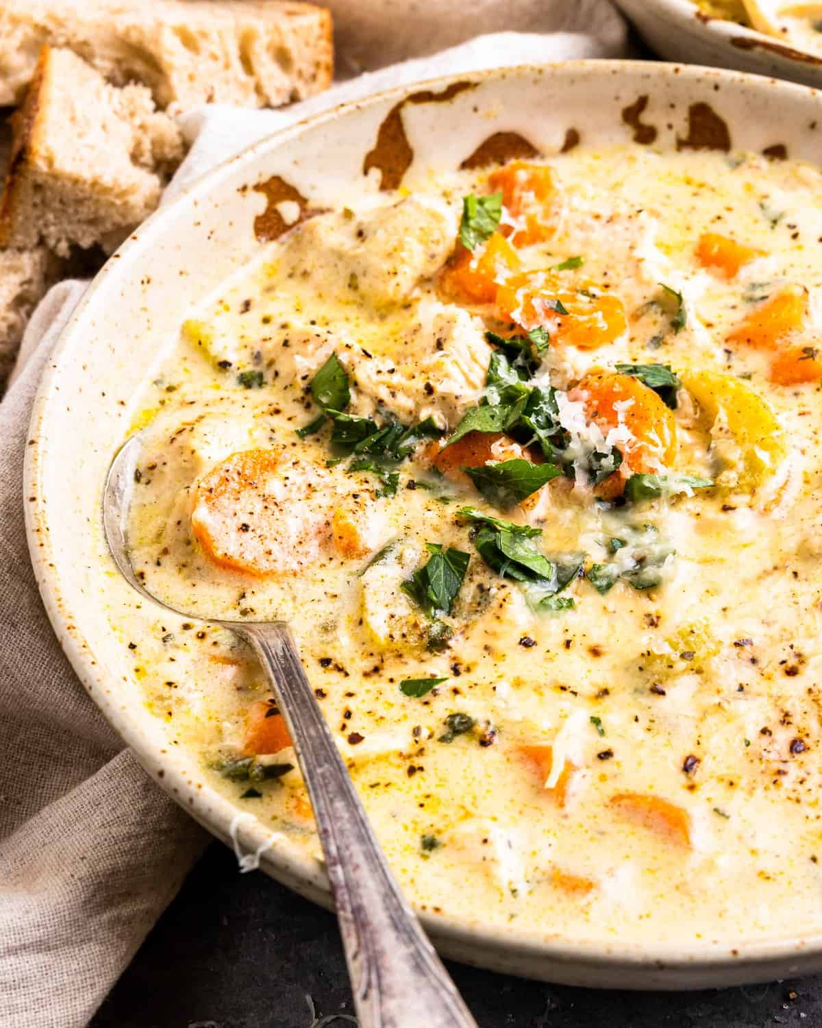 three-quarters view into a bowl of creamy chicken soup