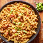 featured cajun chicken pasta in a skillet