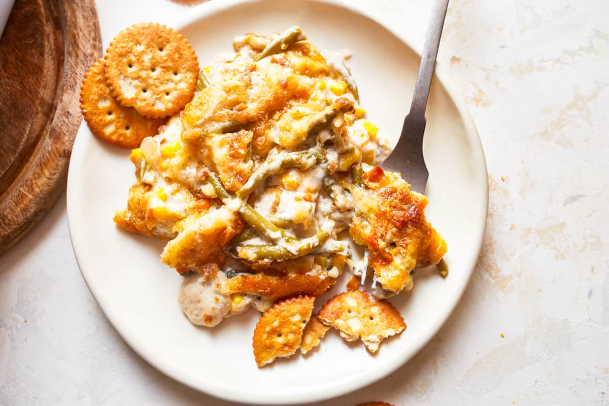 cheesy green bean corn casserole with crackers