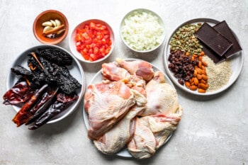 overhead view of ingredients for chicken mole.