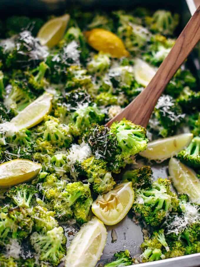 lemon parmesan roasted broccoli on a pan