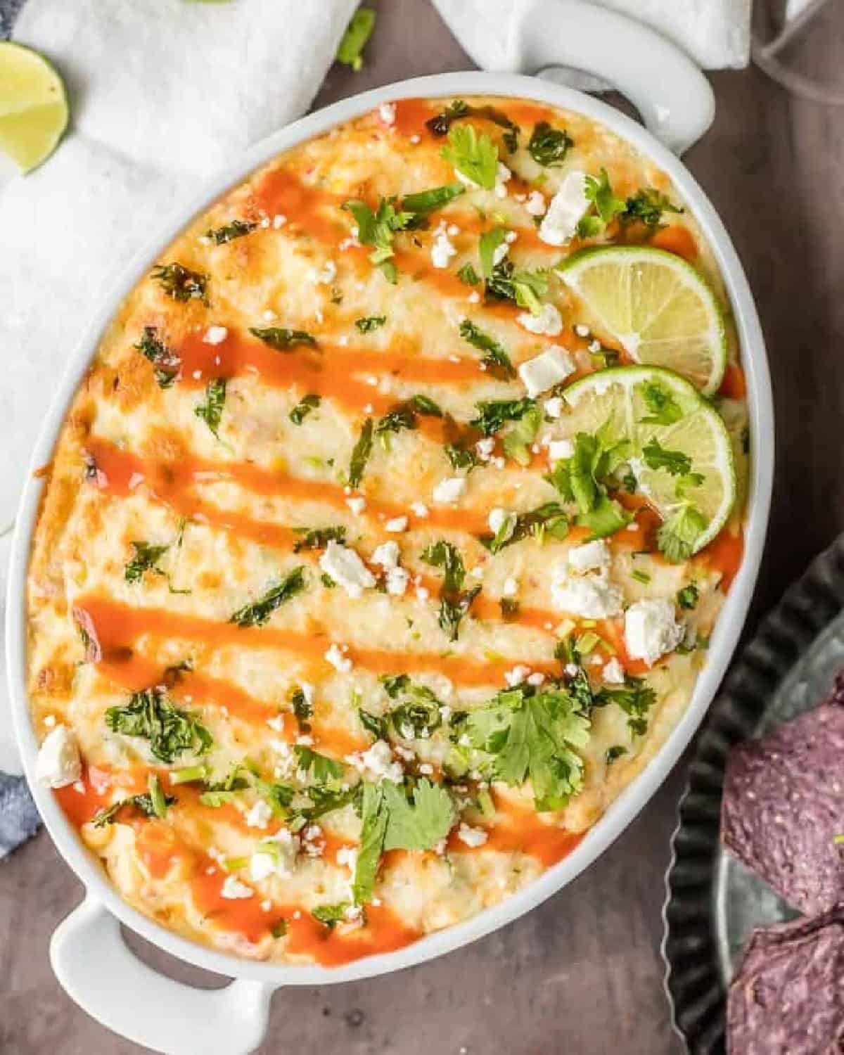 mexican street corn dip in a white dish