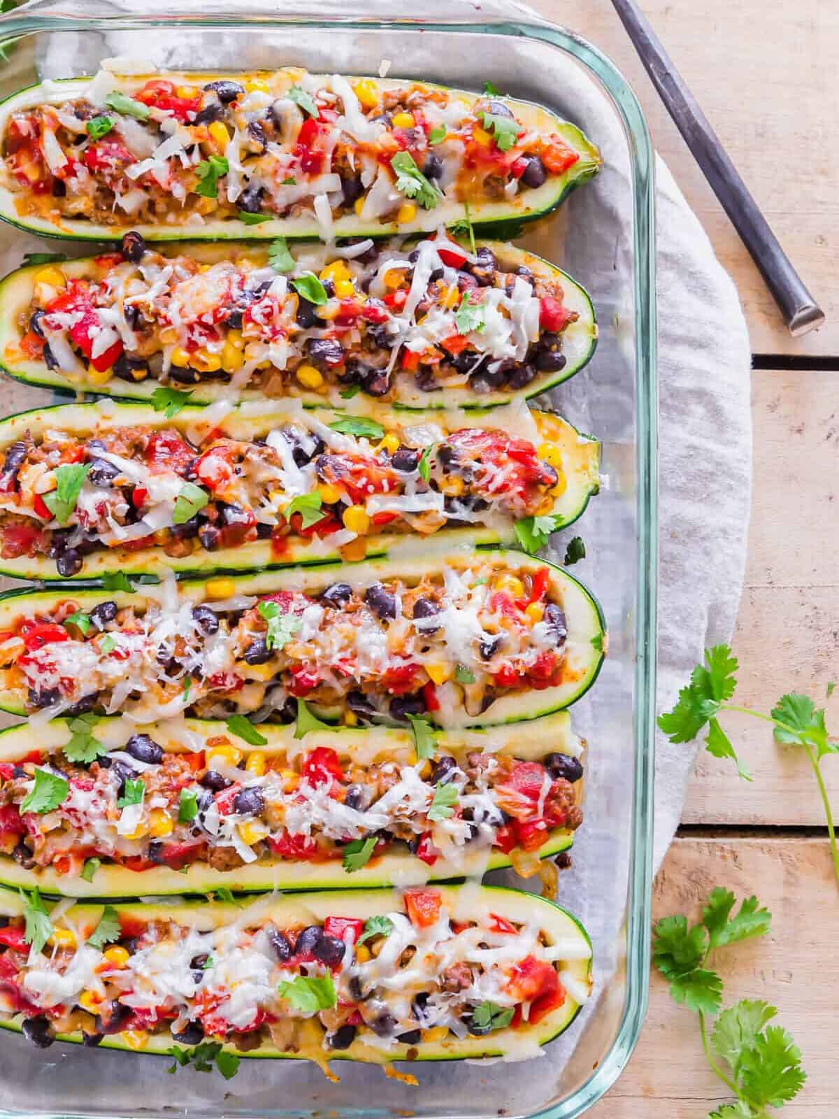 mexican stuffed zucchini boats in baking dish