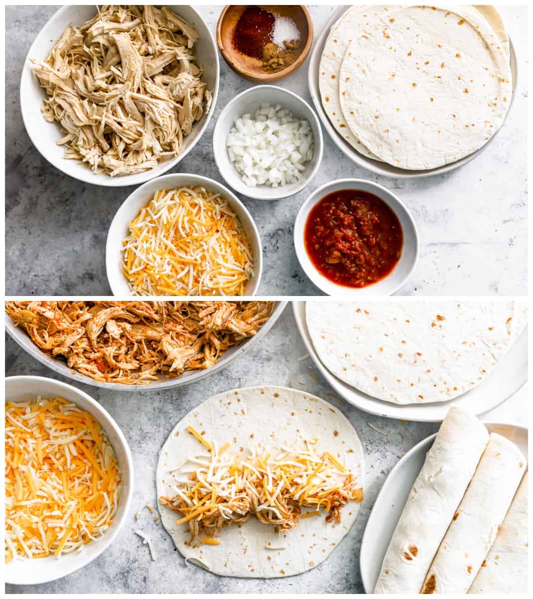 making chicken flautas and ingredients arranged in separate bowls