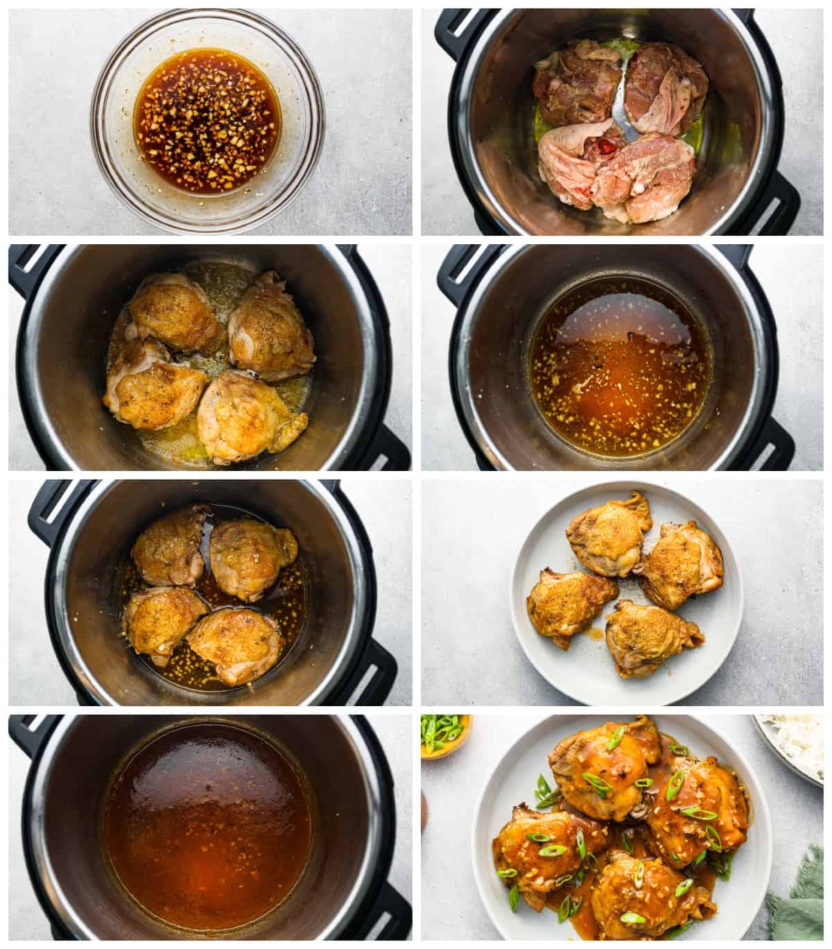 a collage of photos showing how to cook chicken thighs in an instant pot.