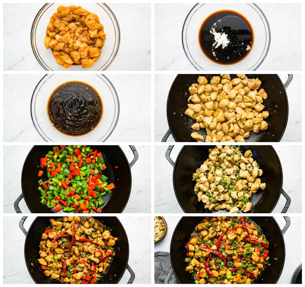 a collage of photos showing how to make kung pao chicken.