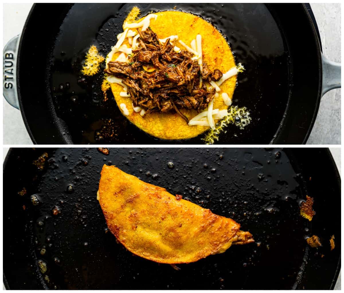 step by step photos for how to make quesabirria tacos.