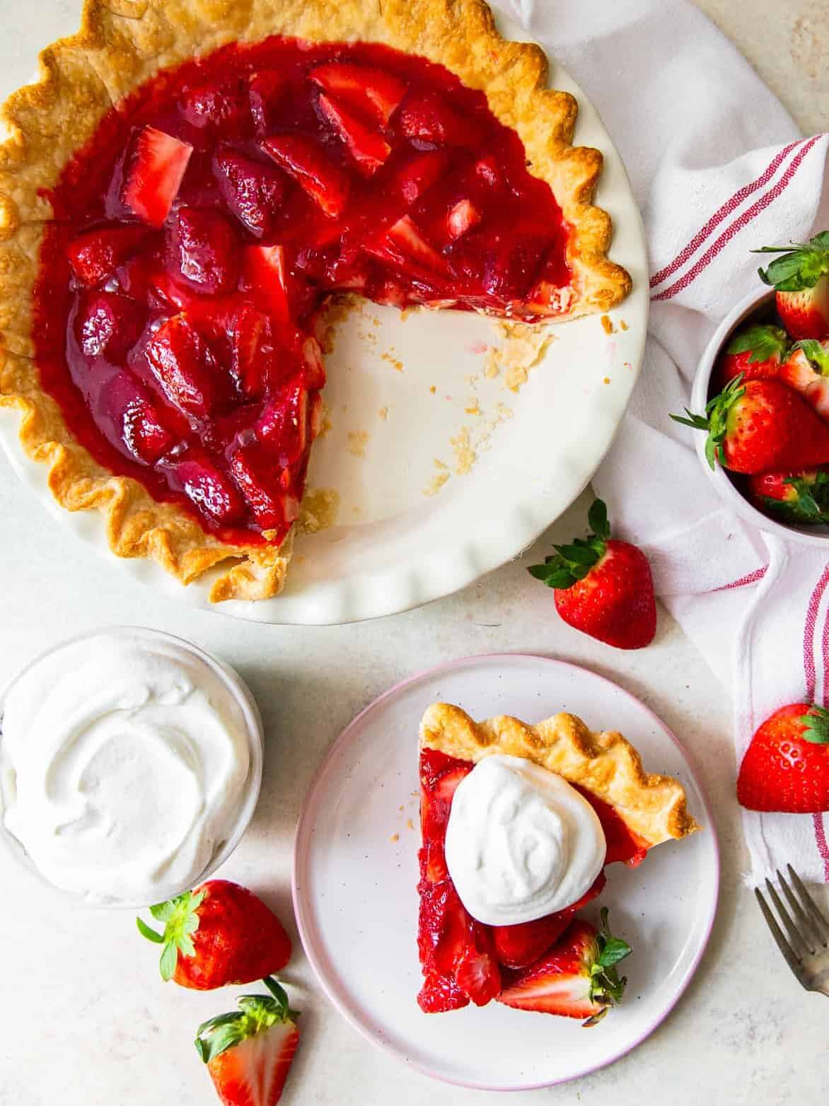 overhead pic of sliced strawberry jello pie