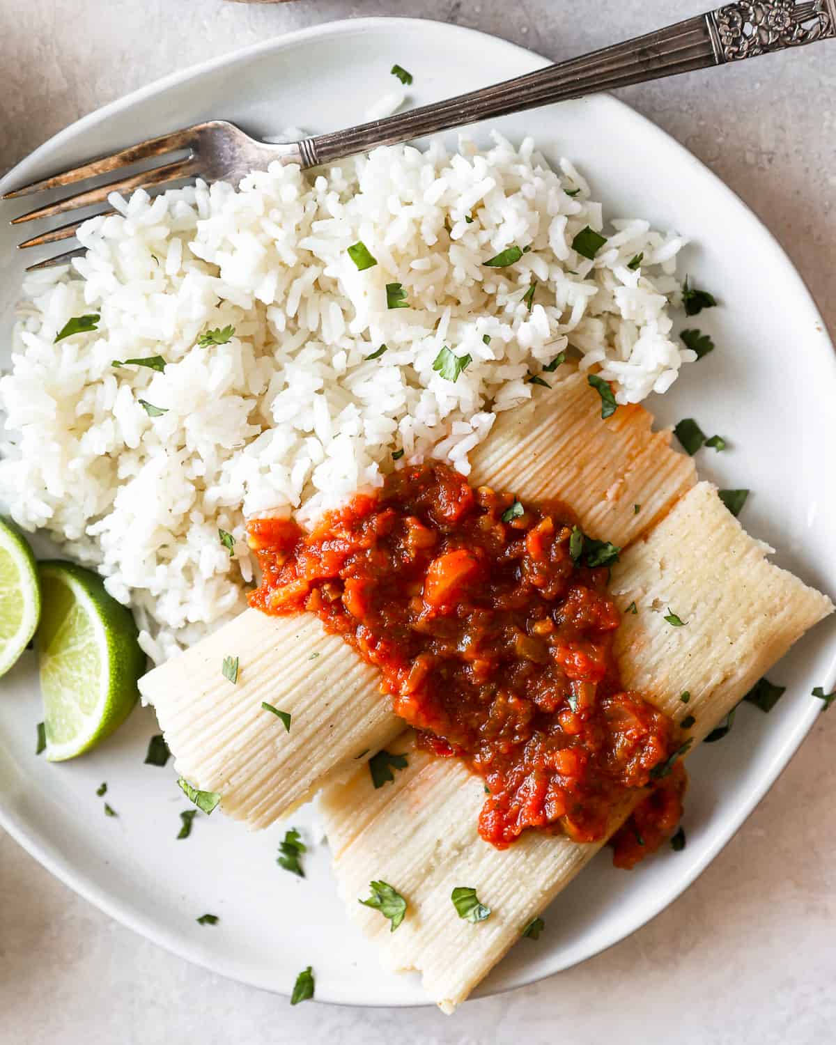 overhead view of 2 tamales on a white plate with cilantro rice, salsa, and a fork.