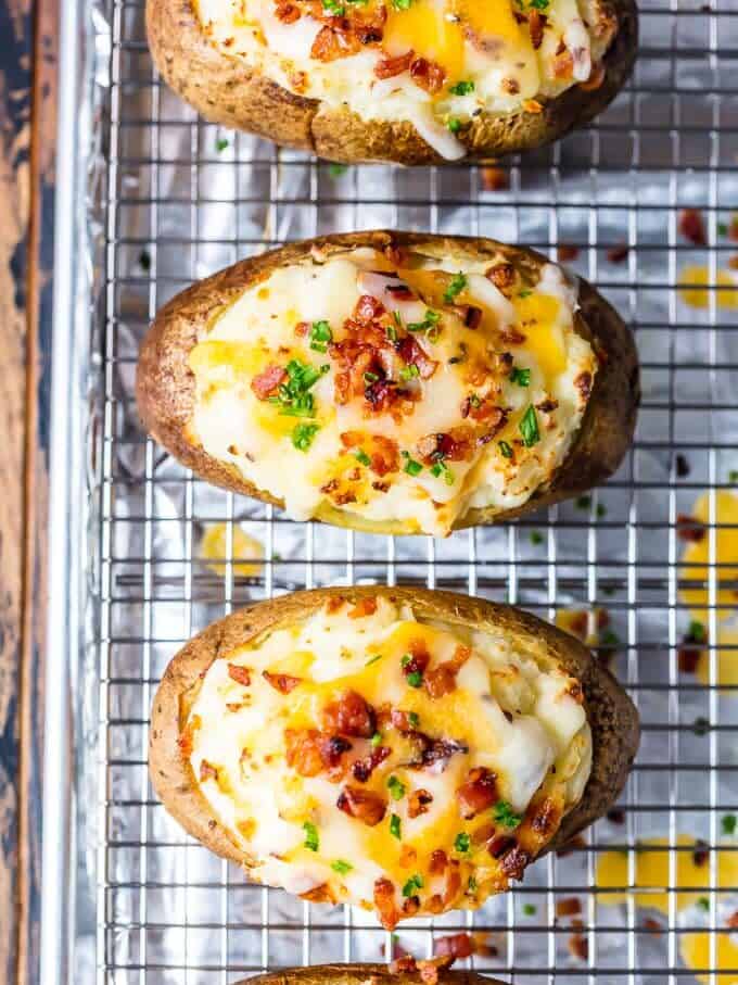 Twice baked potatoes on a cooling rack