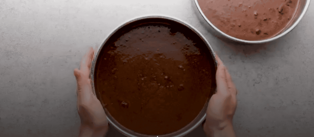Cake batter in a round cake pan. 