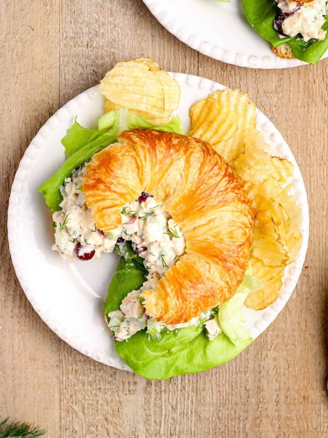 chicken salad on a croissant on a white plate with chips.