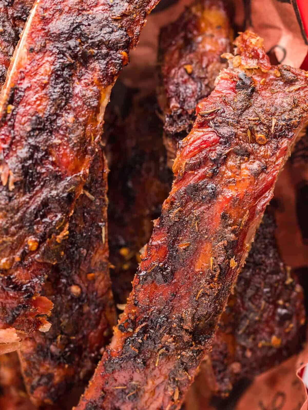 close up of smoked ribs.