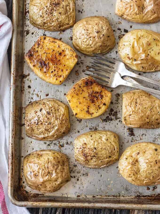 herb roasted potatoes on a baking sheet