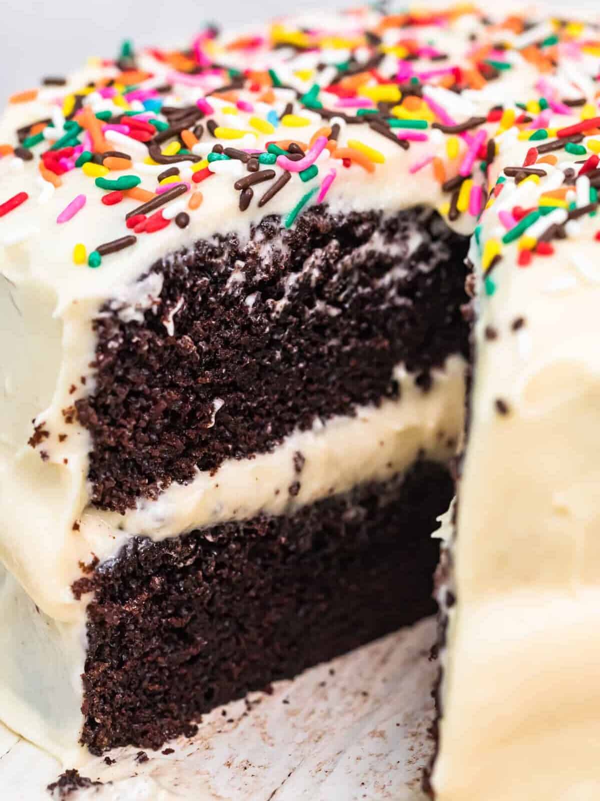 up close image of hershey chocolate cake with white icing