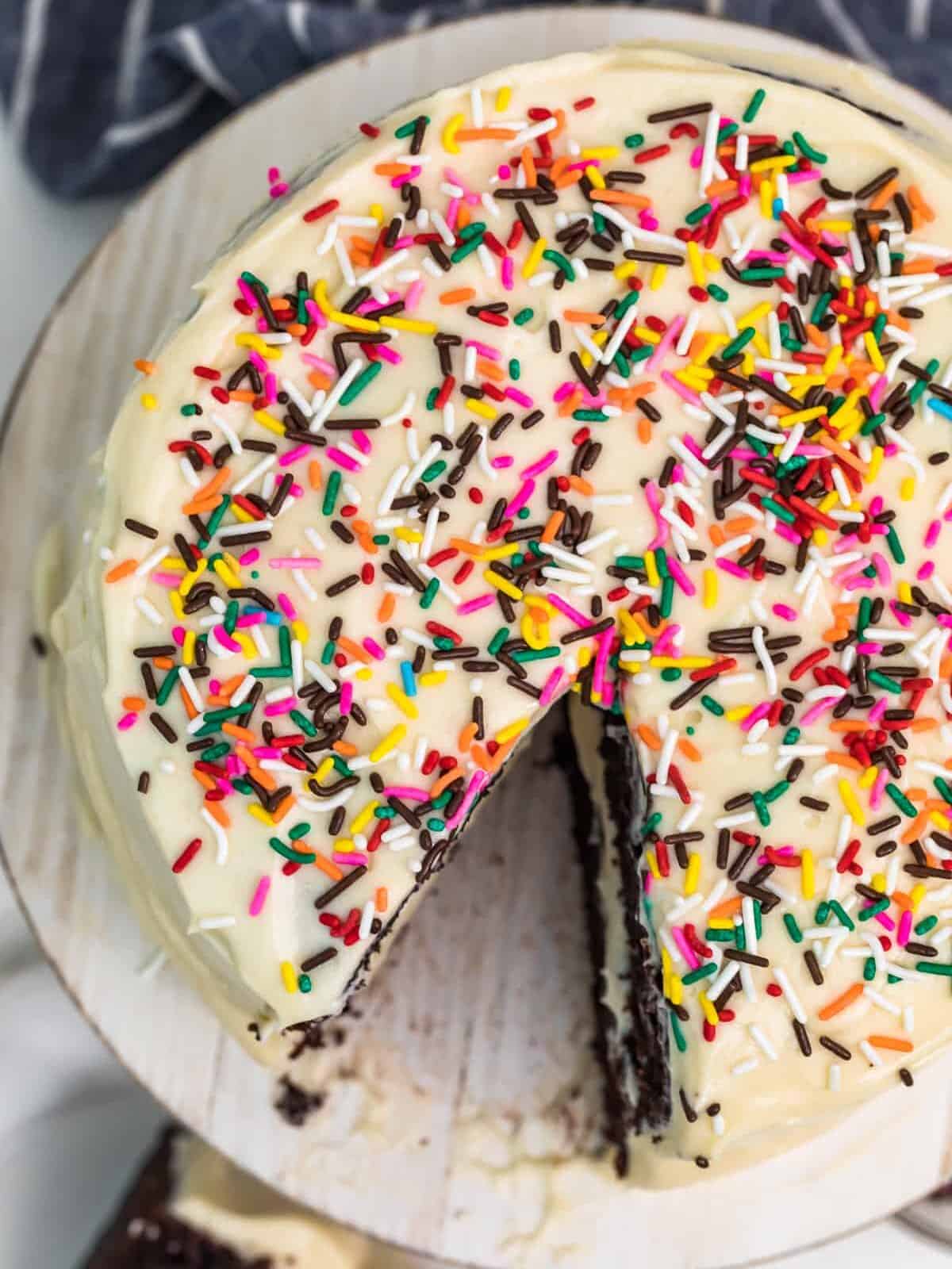 overhead image of chocolate cake with sprinkles