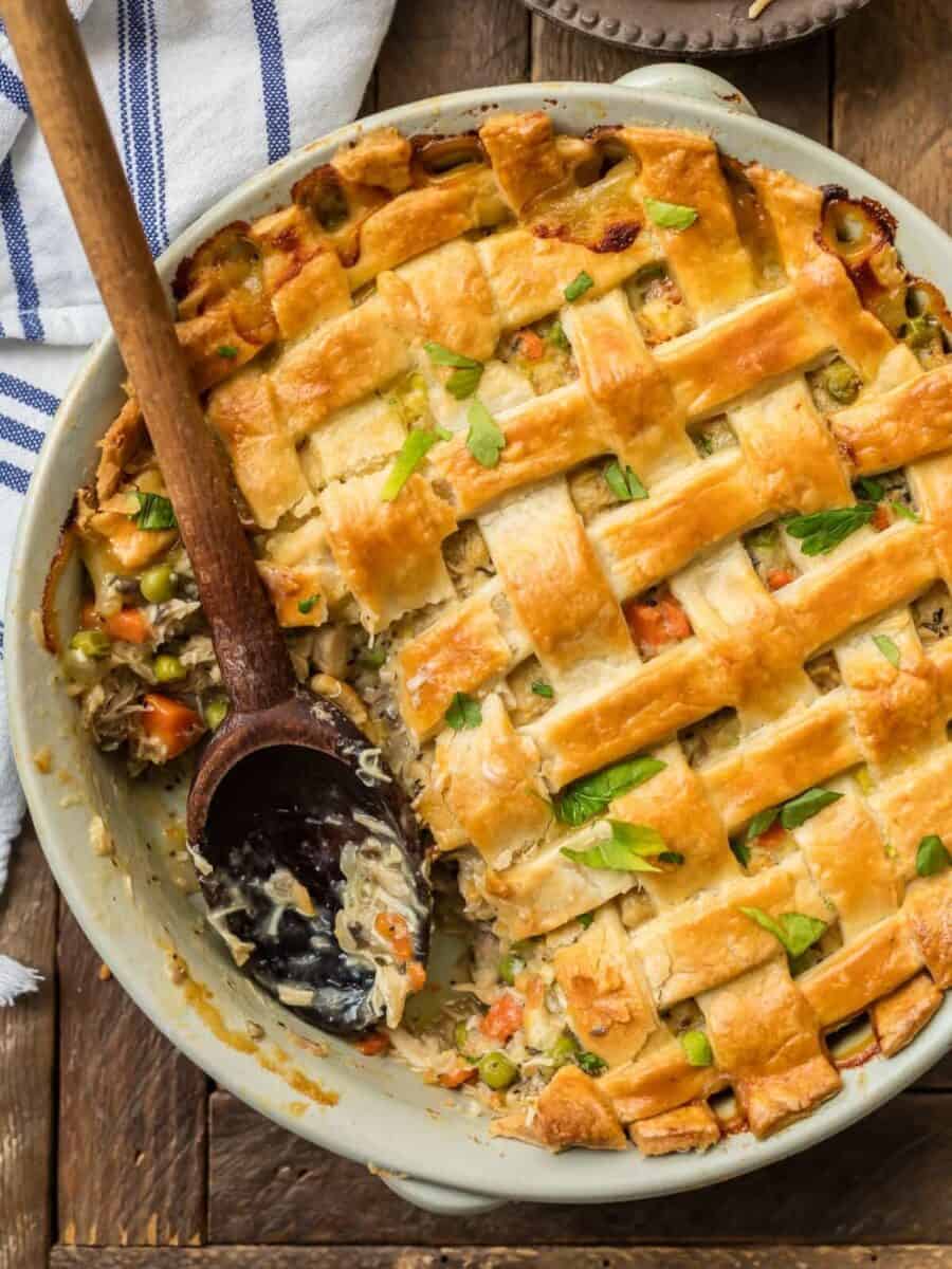 overhead picture of chicken pot pie casserole in light green baking dish