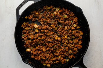 a cast iron skillet filled with meat and vegetables.