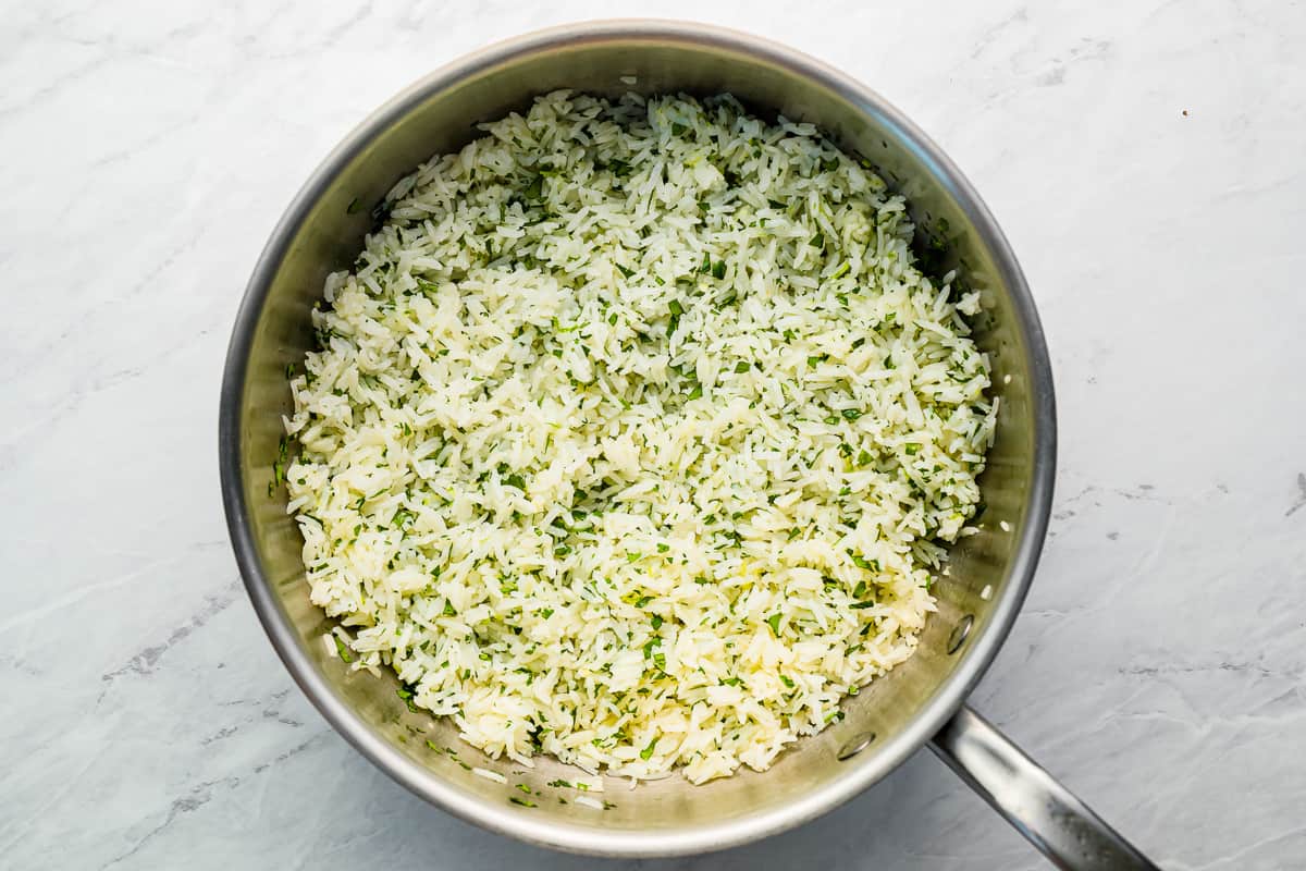 a pot filled with cilantro lime rice.