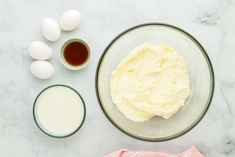 creamed butter, sugar, and oil in a glass bowl.