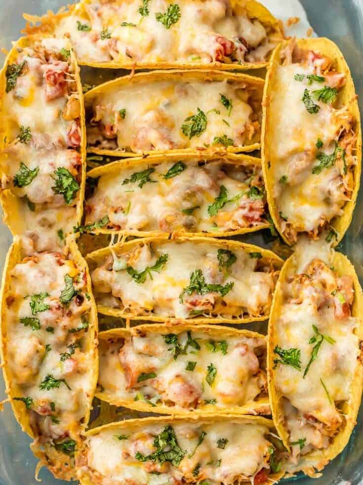 overhead view of chicken tacos in a baking dish