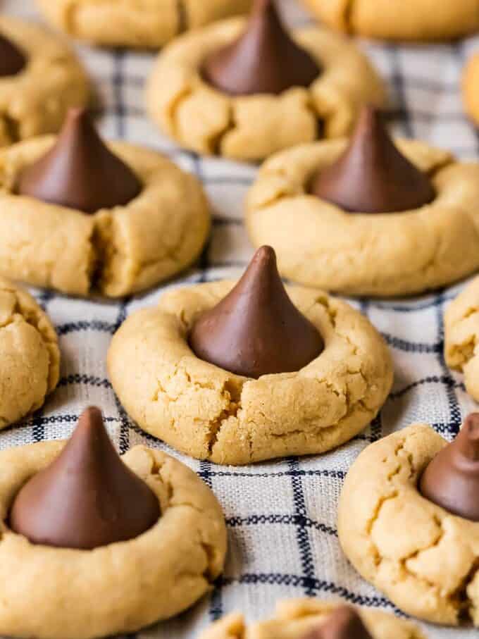 Peanut Butter Blossom Cookies on a kitchen towel