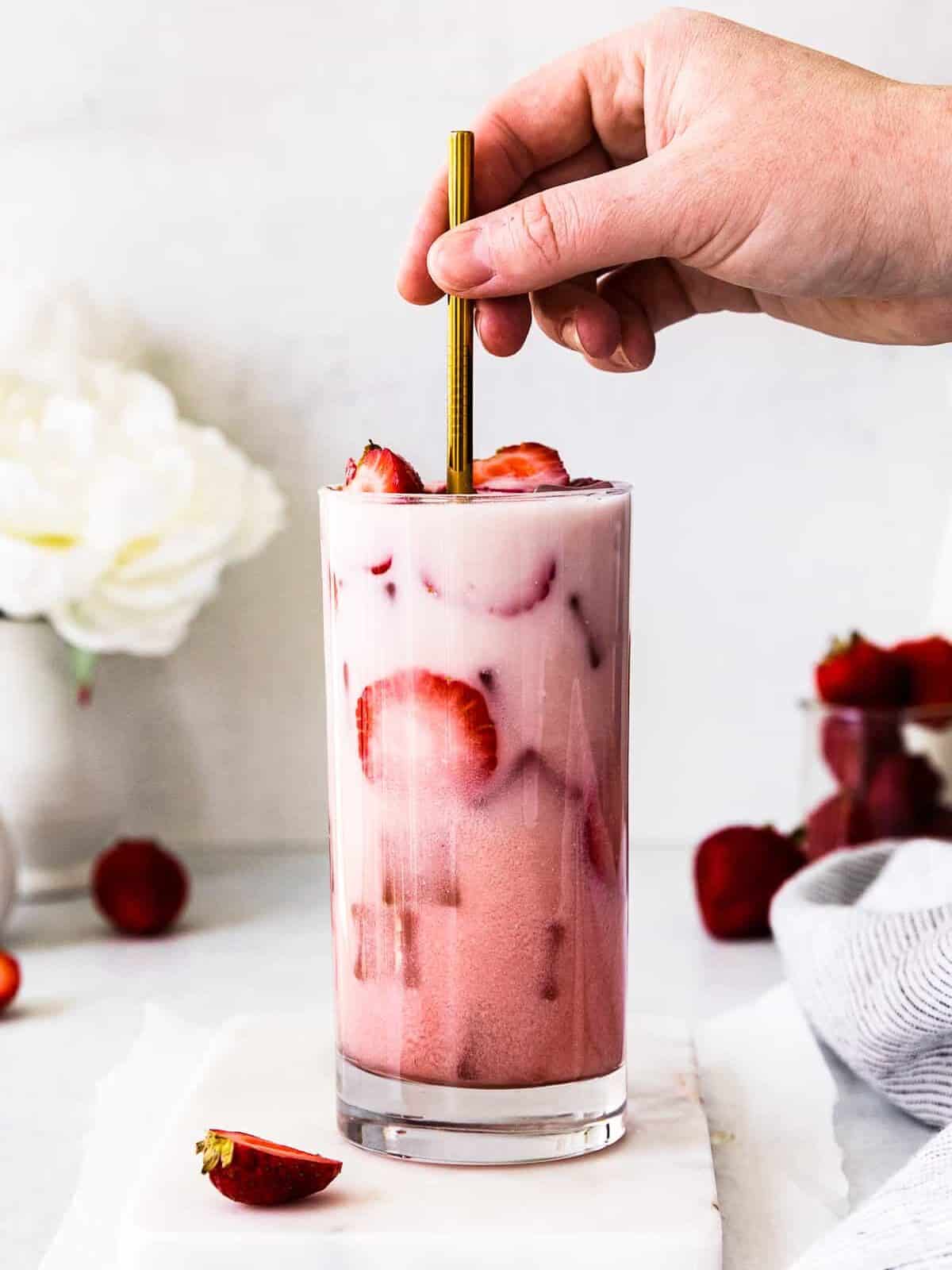 starbucks pink drink with fresh strawberries